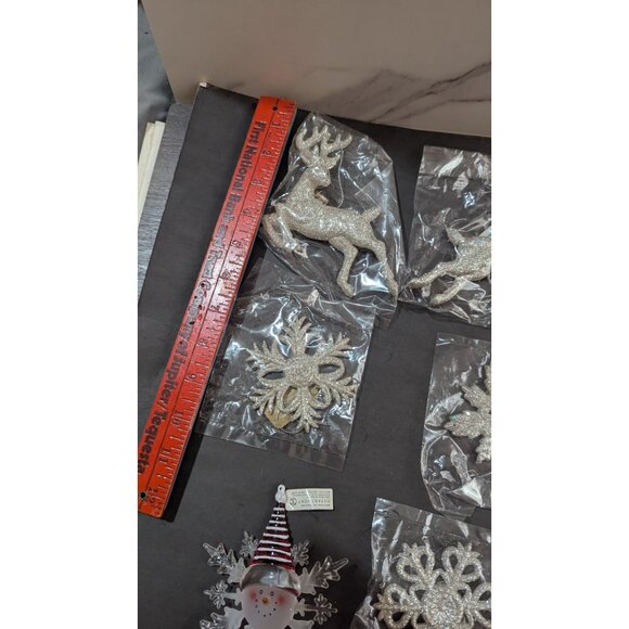 Glittery Christmas Ornaments Lot Snowflakes Reindeer Snowman Decor Silver & Red - Picture 6 of 6